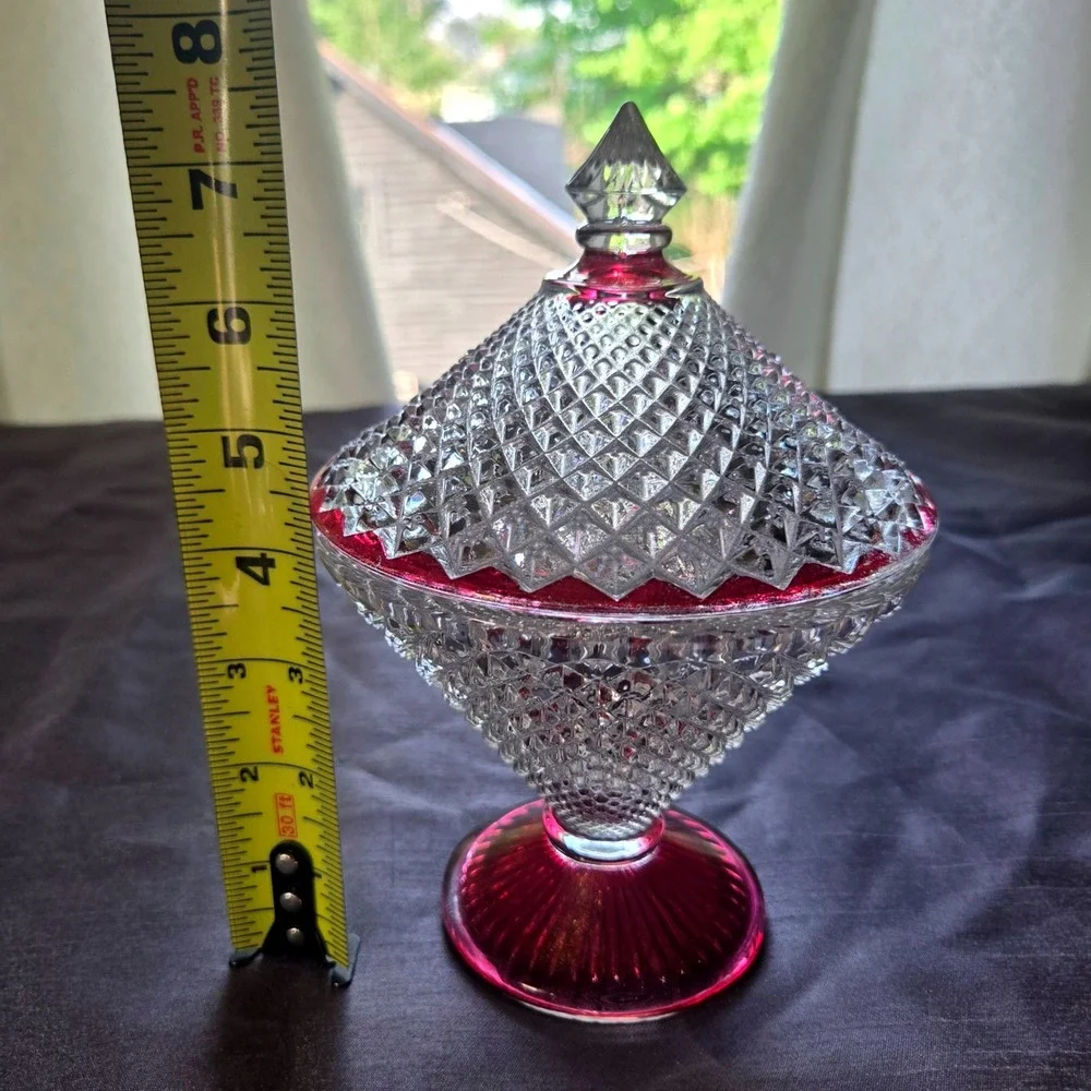 Vintage Ruby Red Flash Diamond Point Glass Lidded Candy Dish Pedestal Compote